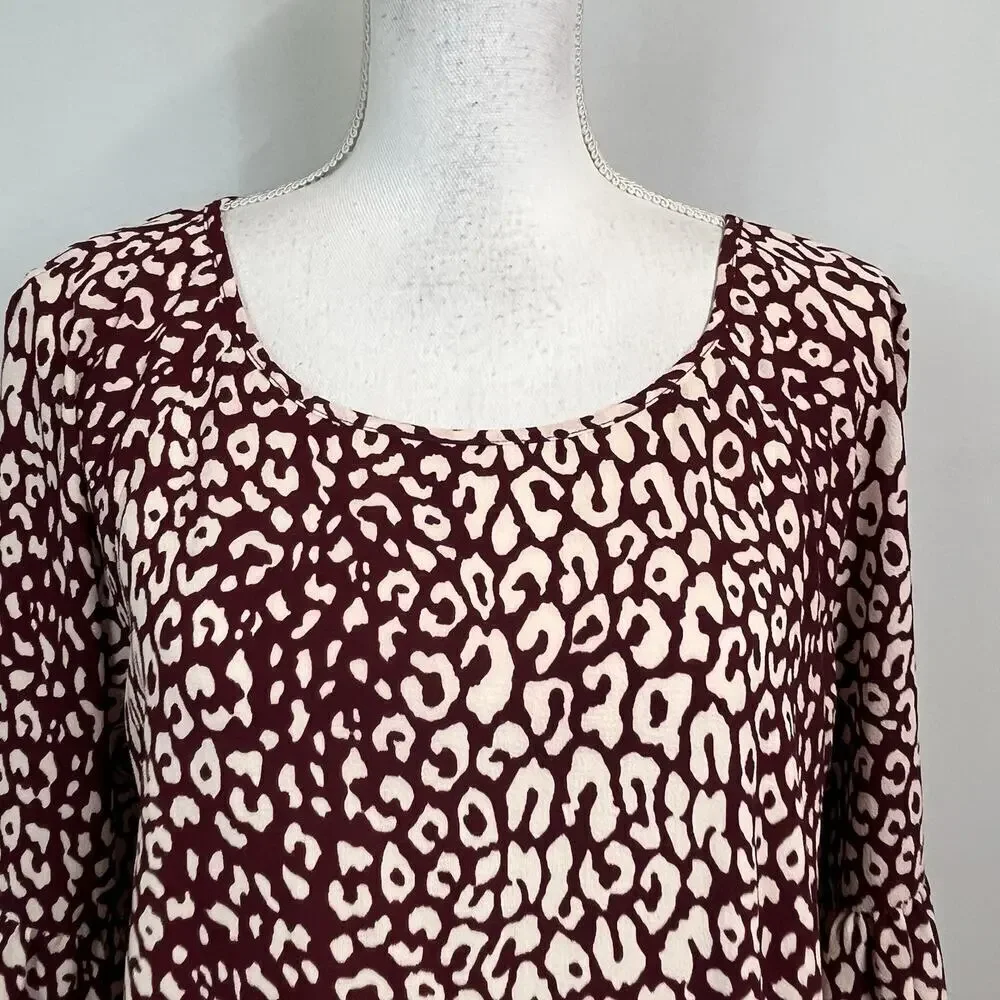 Michael Kors Blouse Tunic size Medium Burgundy Tan Leopard Lagenlook Peasant